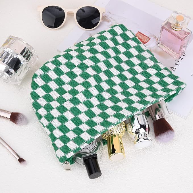 SOIDRAM 2 Pieces Makeup Bag Large Checkered Cosmetic Bag Capacity Canvas Travel Toiletry Bag Organizer Cute Makeup Brushes Aesthetic Accessories Storage Bag for Women, Checkered L Green Rose red - Image 4
