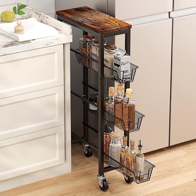 Honest Slim Storage Cart 4-Tier Slim Rolling Cart with Metal Frame and Wooden Top, 6.3 Inches, Storage Cart for Kitchen, Dining Room, Living Room, Bathroom, Home Office, Rustic Brown and Black by HONESTOUTFITTERS