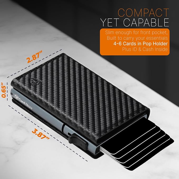 Pop Up Wallet for Men RFID Slim Card Holder Black Carbon | Holds 4-6 Cards with Cash & ID Storage, Featuring One Click Metal Card Ejector & Slim Carbon Design for Daily Carry - Image 2