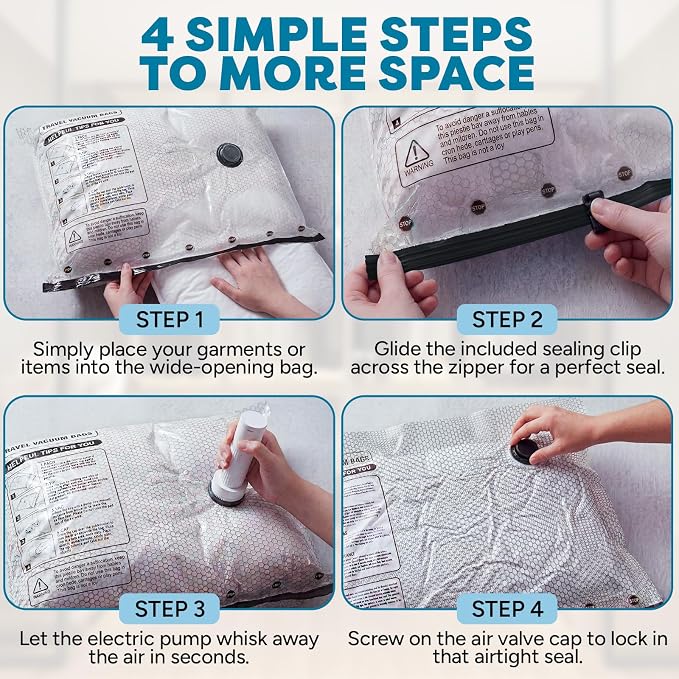 9-Pcs Travel Vacuum Bags with Electric Pump - Vacuum Storage Bags for travel - Space Saver for Clothes - Packing Cubes for Luggage & Suitcases - With Portable Cordless Pump - Image 5