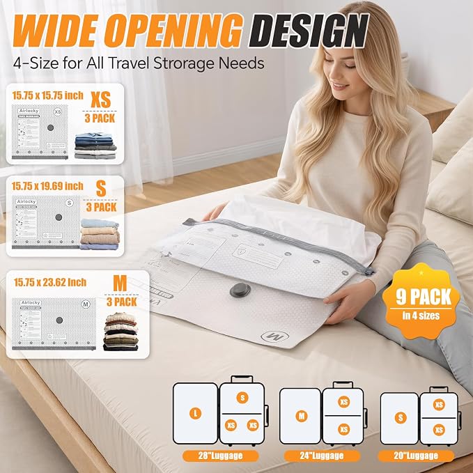 Travel Vacuum Bags with Rechargeable Pump, 9 Pack Compression Packing Bags with 35KPA Electric Pump, 90% Space Saver for Clothes, Vacuum Seal Bags fo Carry-on Luggage Suitcase - Image 3