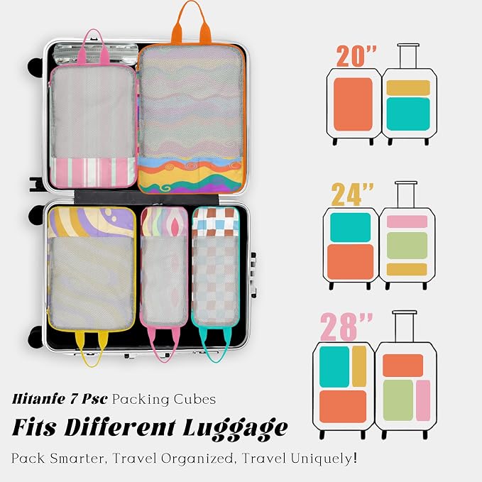 7 Pcs Compression Packing Cubes Travel for Suitcases, Luggage Organizer Washable Storage Bags Set for Backpack Travel- Packaging Cubes for Carry-Ons and Storage - Image 4