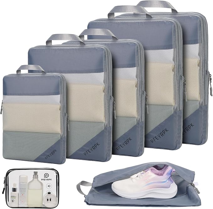 PFEYRPK Lightweight Compression Packing Cubes for Suitcases, Compressible Expandable Travel Packing Organizer with Clear Toiletries and Backpack Bag, Travel Essentials for Carry on Luggage 7 Set by PFEYRPK