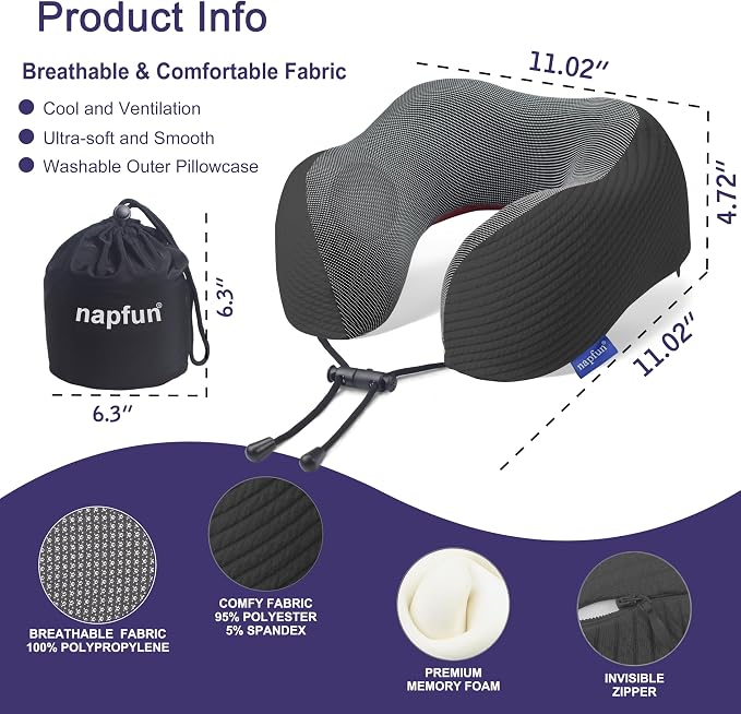 napfun Neck Pillow for Travel, Memory Foam Airplane Pillow, Charcoal Black | 360° Neck Support, Upgraded 100% Memory Foam for Airplane, Car, Train, Bus, Office Sleep, Travel Essentials for Long Flights - Image 2