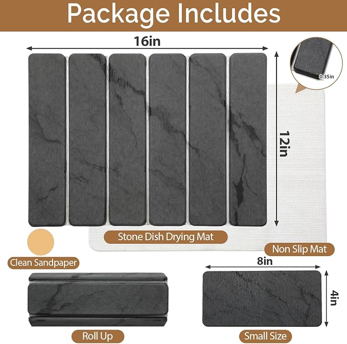 Small Stone Dish Drying Mat for Kitchen Counter, 2 PCS 16"×12" & 8"x4" Quick Dry Stone Mats, Foldable Water Absorbing Diatomaceous Earth Drying Dish Pad for Countertop Bottles Utensils Cups(Dark Gray) - Image 2