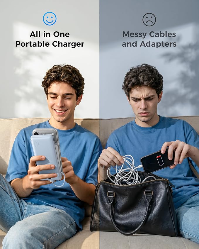 VEGER Portable Charger for iPhone, Power Bank Built in Cables and Wall Plug | 10000mAh,Ultra Slim&Compact,5 Outputs,LED Display,Power Bank for iPhone,Samsung,Travel Essentials for Camping Cruise Business - Image 6