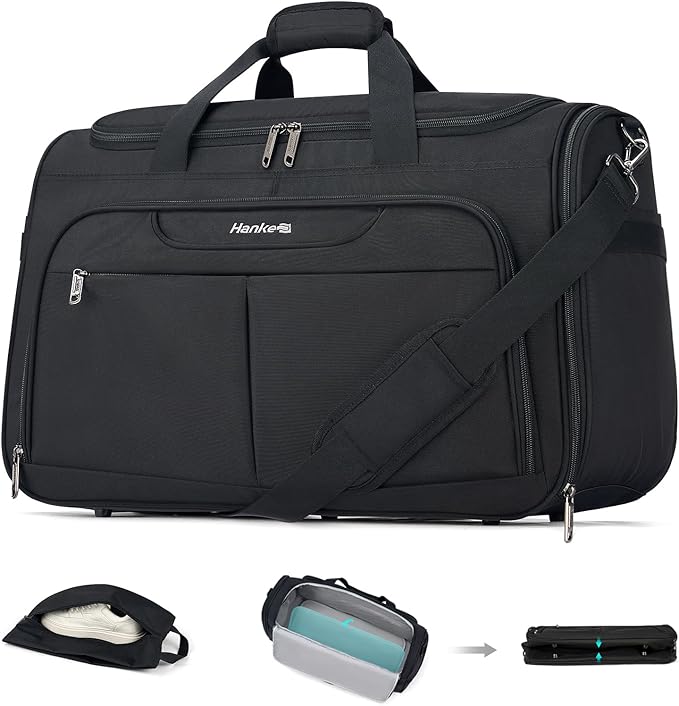 Hanke Carry On luggage Bags for Travel, Large Foldable Duffle Bag for Travel, Softside Lightweight Travel Bag Carry On Bags for Airplanes Women, Travel Tote Bags for Women Men.（Black） by Hanke
