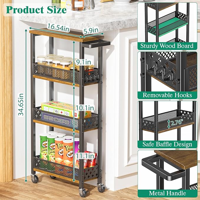 4-Tier Rolling Slim Storage Cart Kitchen Bathroom Laundry Organizer | 5.9"wide, wood rack tier, with 3 hooks, carbon steel, suitable for compact spaces, 360° swivel wheels with brakes, black - Image 6