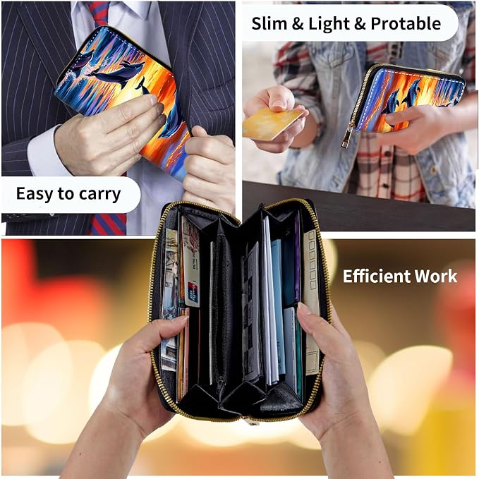 Wallet,Leather Long Wallet Suitable For Ladies And Teenagers - Detachable Wristband + RFID Travel Wallet With Card Slot - Dolphin Jumping Ocean Sunset Beach - Image 7