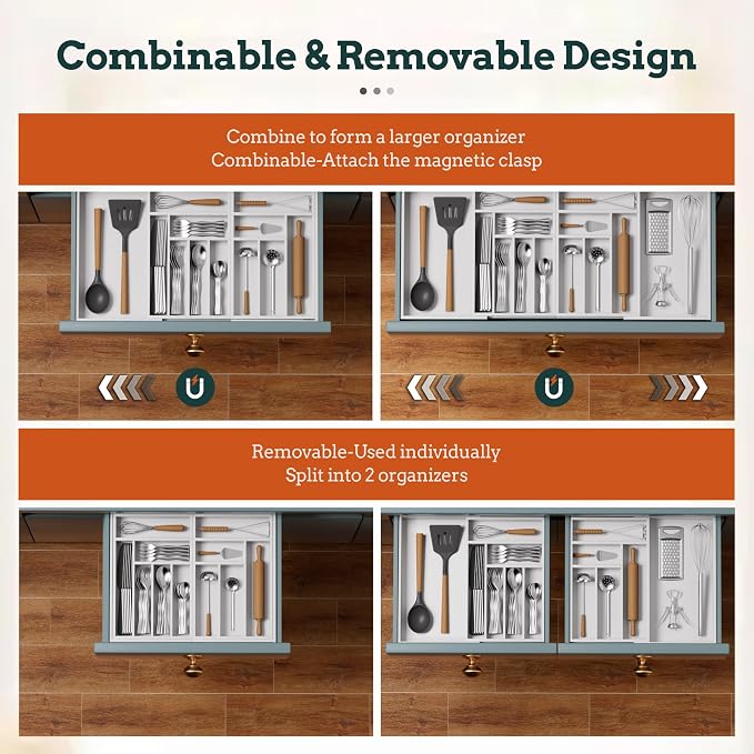 Magnetic Expandable Silverware Drawer Organizer, 13 Slots Utensil White | Magnetic Connected, Expandable 21-37.4 Inch, 13 Divided Slots, White Cutlery Utensil Organize Kitchen - Image 5