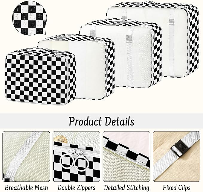 9 Set Packing Cubes for Travel Essentials - Lightweight Carry-On Luggage Organizer Bags with Shoe, Clothes & Laundry Bags for Airplane, Family & Business Travel, Black checkered - Image 6