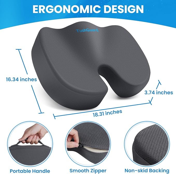 Memory Foam Seat Cushion for Office Chair, Car Seat, Gray, XL | Office Chair Cushion for Car, Airplane - Chair Pad for Long Sitting Sciatica, Hip, Coccyx,Tailbone Pain Relief, Butt Pillow - Image 2