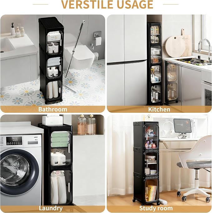 3-Tier Narrow Slim Bathroom Storage Cabinet with Wheels, Black | Tool Free Assembly, Adjustable Shelves, Fits for Narrow Spaces, Reinforced Stability, Magnetic Clear Door - Image 5