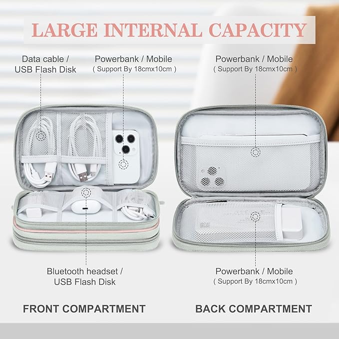 FYY Electronic Organizer, Travel Tech Pouch Bag, Medium, Light Pink | Wrist Strap, Waterproof, Double Layers Portable Electronics Travel Carrying Case for Cord, Charger, Daily Business Trips Use - Image 3