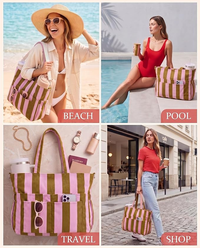 Kacctyen Striped Beach Tote Bag for Women Large Beach Foldable Tote Bag with Zipper Pockets for Travel Pool - Image 2