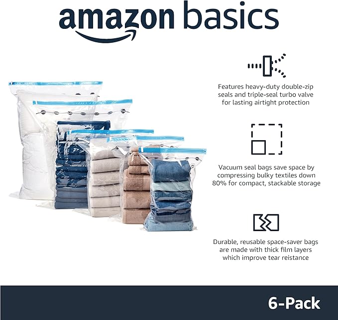 Amazon Basics Vacuum Storage Bags for Clothes, Space Saving Compression Storage Bags with Hand Pump, Heavy Duty, Stackable, Jumbo Size, Clear, 6-Pack - Image 2