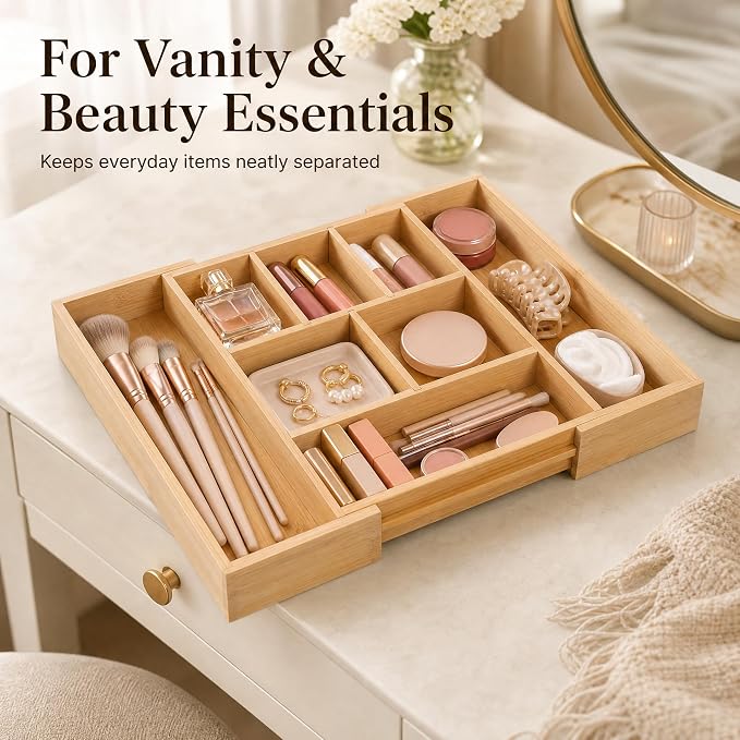 Bamboo Drawer Organizer Expandable Desk Storage Set, 10 Adjustable Compartment Junk Drawer Divider and Trays Containers for Kitchen Utensil, Office Supplies, Makeup, Jewelry & Cosmetics Organization - Image 3