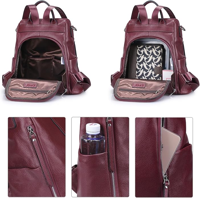 S-ZONE Leather Backpack Purses for Women Antitheft Rucksack Shoulder Bag Medium | Genuine Leather, Medium Fits 9.7-inch Tablet, for Work Travel Daily Commute, Multi Pockets, Adjustable Dual Straps - Image 3