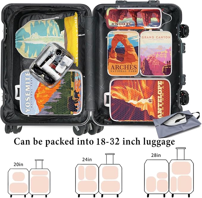 Compression Packing Cubes for Travel, 8 Set National Park Luggage Organizers, Waterproof Expandable/Compression Bags Travel Packing Cubes with Clear Toiletry Bag and Shoe Bag - Image 4