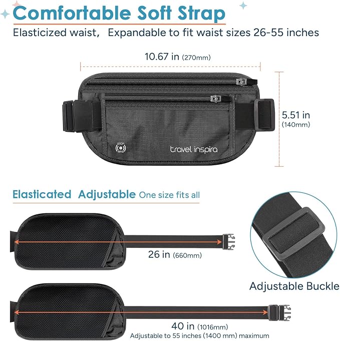 travel inspira RFID Hidden Money Belt Slim Anti Theft Travel Wallet | Passport Holder for Travel Concealed under Clothes for Ultimate Protection of Credit Cards, Cash, Passport & Documents, Black - Image 7