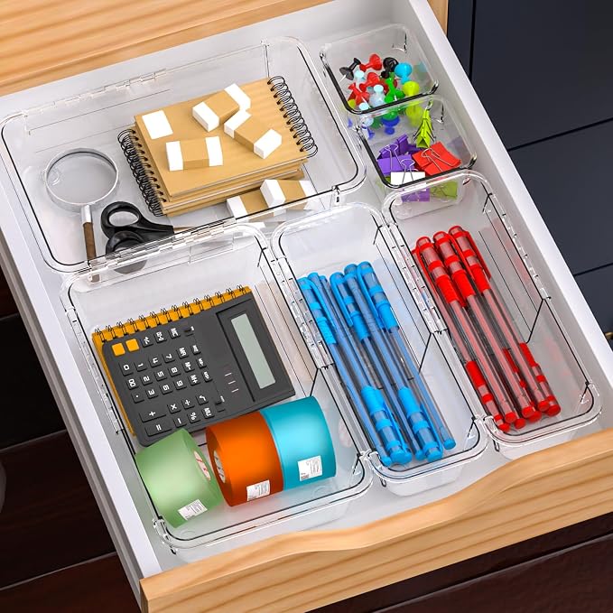 14 Pcs Adjustable Drawer Organizer, Clear Drawer Organizer Expendable | 3-Size Desk Drawer Organizer, Acrylic Storage Bins for Makeup, Cosmetic, Kitchen Utensils, Bedroom Dressers, Tool Organizer - Image 5