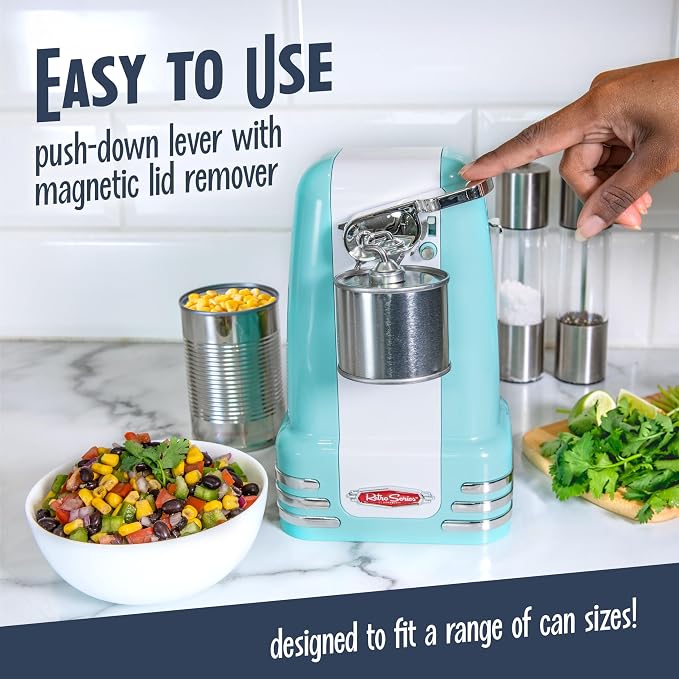 Nostalgia Retro Electric Can Opener for Kitchen with Magnetic Lid Remover, Knife Sharpener, and Soda or Beer Bottle Opener, Aqua - Image 3