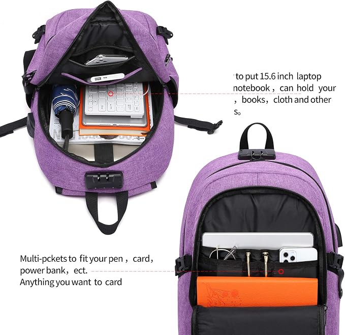 WENIG Laptop Backpack for Women,Business Backpack Anti-Theft Backpack with USB Charging Port and Lock 15.6 Inch Computer Backpacks for Women Men,Purple - Image 4