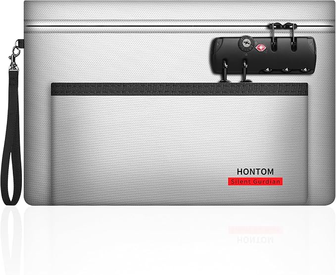 Hontom Double Layer Fireproof Money Bag for Cash with Lock & Hidden Zipper | 11"x7" Notary Bag with Skin-Friendly Material, Fire Pouch Holder Wallet for Travel, Passports, Notary Supplies (Silver) by Hontom