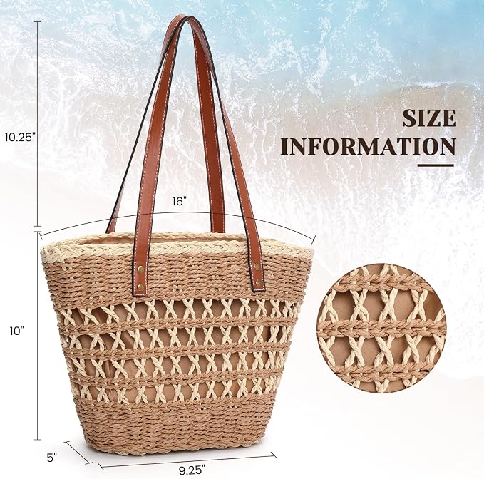Tavaleu Straw Beach Bags for Women Tote Handbag Shoulder Hobo Bucket Bag | Lightweight, Foldable, PU Straps, Magnetic Closure, Zip Pocket, Reinforced Bottom, Summer Purse, Travel, Vacation, Daily Use - Image 4