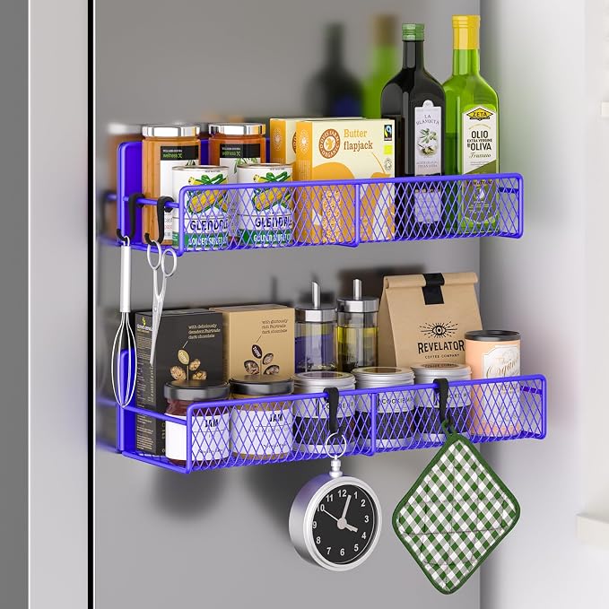 Magnetic Spice Rack for Refrigerator, 2 Pack 100% Metal Strong Magnet Shelf, Space Saving Spice Organizer W/ Hooks, Movable Magnetic Fridge Shelf, Kitchen Home Laundry Storage Organization,Purple Blue by DTUQYX
