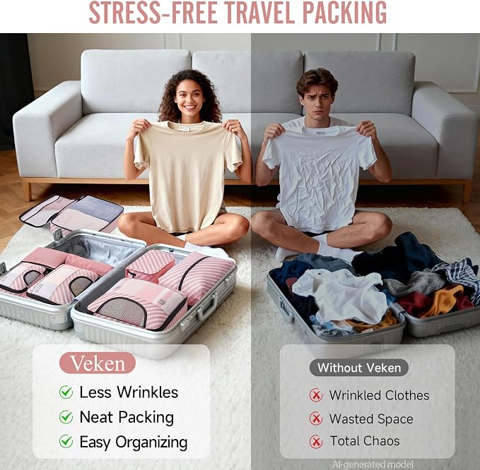 Veken 8 Set Packing Cubes for Travel Essentials, Suitcase Organizer Bags in 4 Sizes, Carry-On Luggage Accessories with Laundry Bag, Airplane Must Have with 99-Count Mesh Holes - Image 8