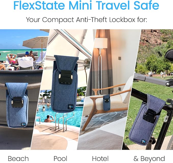 Mini Portable Travel Safe Anti-Theft Lock Box Beach Pool Hotel Gym | Blue mini safe in cut-resistant nylon. Water-resistant with RFID blocking. For phones and valuables at the beach or hotel. - Image 2