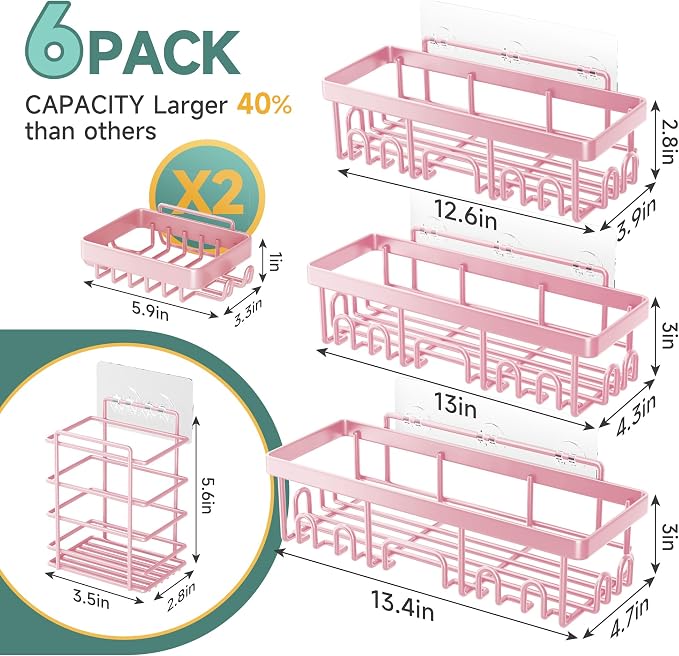 Veken Large Capacity Shower Caddy 6-Pack, No Drilling & Rustproof, Adhesive Shower Shelves with Soap Holder, Bathroom Organizers and Storage, Wall-Mounted Kitchen & Home Decor, Pink - Image 7
