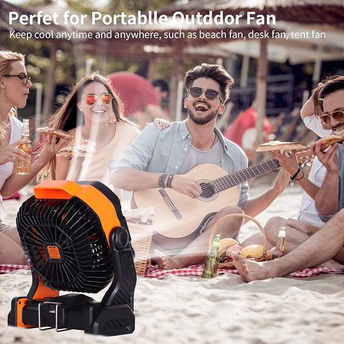WESTTREE 20000mAh Battery powered fan Camping Fan essentials Portable fan Battery OperatedRechargeable Outdoor Tent with Light & Hook Personal USB Desk for Camping,Orange - Image 7