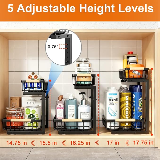 Under Sink Organizer, 2 Pack Height Adjustable Under Sink Organizers and Storage, 2 Tier Pull Out Drawer Cabinet Storage for Kitchen Bathroom - Image 4