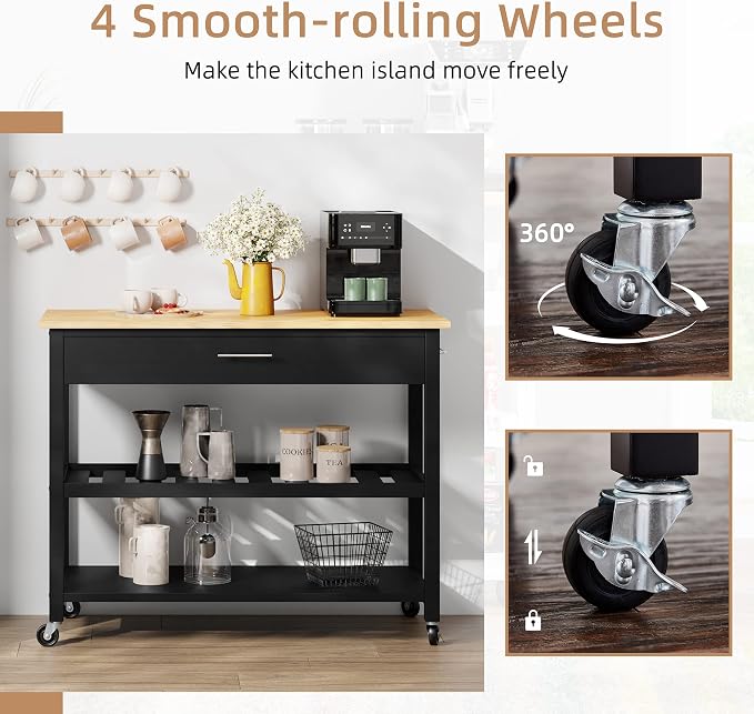 Shintenchi Kitchen Island Cart with Storage,Rolling Kitchen Island Side Table on Wheels with Large Worktop,Storage Cabinet,Towel Rack,Drawers and Open Shelves for Kitchen,Dinning Room,Black - Image 4