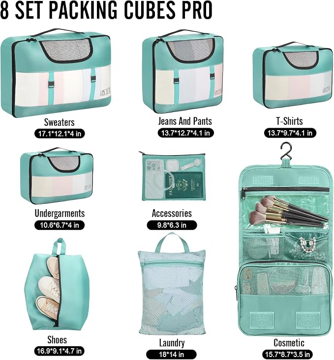 Veken 8 Set Packing Cubes for Travel Essentials, Suitcase Organizer Bags in 4 Sizes, Carry-On Luggage Accessories with Laundry Bag, Airplane Must Have with 99-Count Mesh Holes - Image 2