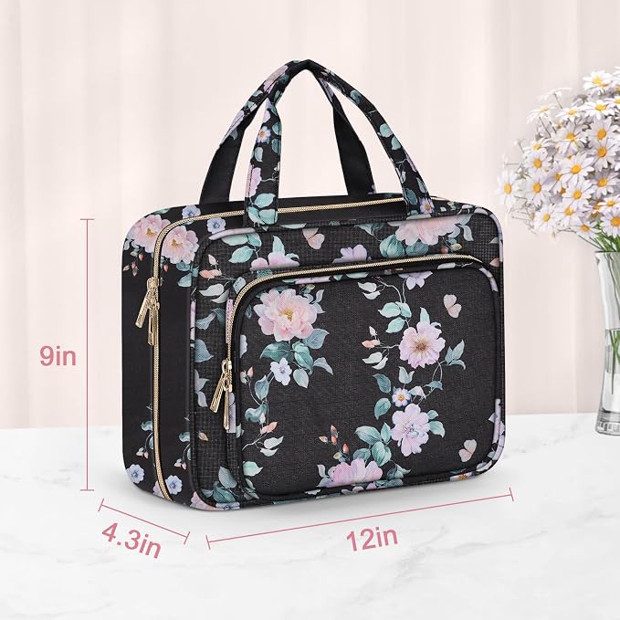 Toiletry Bag for Women, Large Cosmetic Travel Bag, Hanging Toiletry Bag for Bathroom, PVC Waterproof Makeup Bag, Toiletries Bag for Travel Business Trips and Camping, Black+Pink Floral - Image 6
