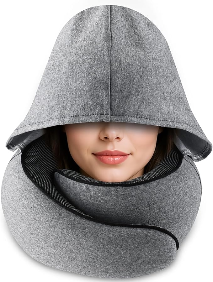 Travel Pillow with Hood (Light Gray) - for Airplane Travel and Car Ride Nap, Foldable Hood, Slow-Rebound Memory Foam, 360 Ergonomic Design, Compact and Portable in Travel Bag - Image 2