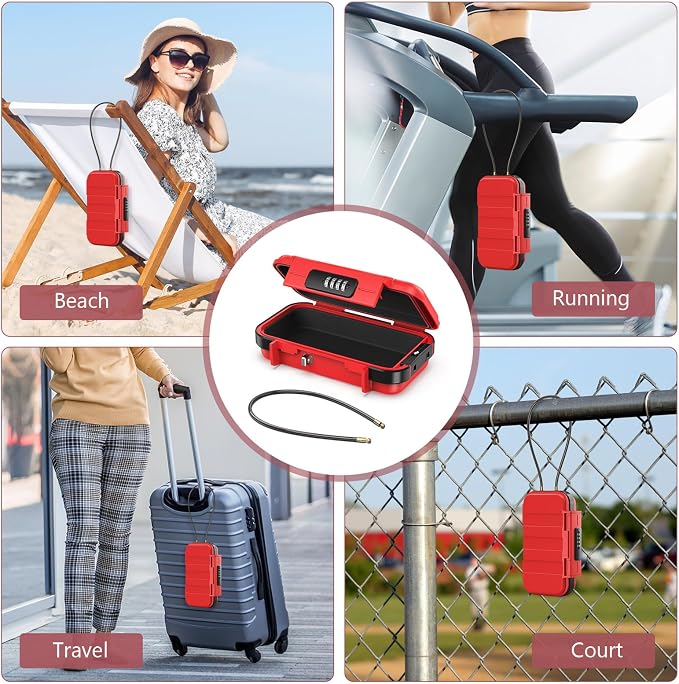 LOFICOPER Travel Safe Lock Box, Waterproof Beach Lock Box, Anti-Theft Personal Security Case with 4 Digit Resetable Code, Removable Chain, Portable Safe for Travel, Home, Office, Keys, Cash, Red - Image 5