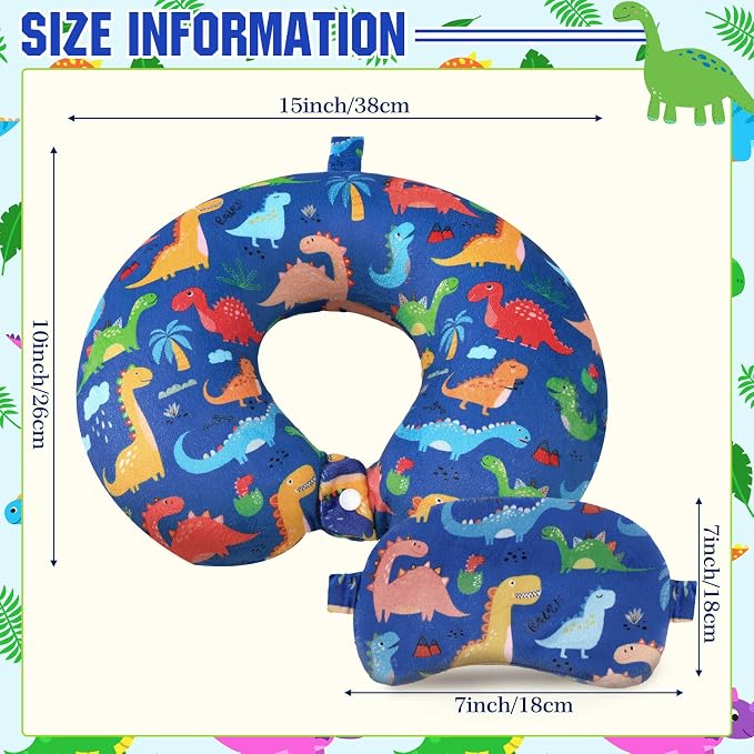 Gilprop 2 Pcs Dinosaur Travel Pillow with Sleep Eye Mask, U Shaped Memory Foam Headrest & Neck Pillow with Washable Cover, Soft Neck Head Support Travel Accessories for Airplane Car Train Bus Trips - Image 3