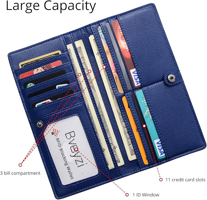 Bveyzi Ultra Slim Thin Leather RFID Blocking Credit Card Holder Bifold Clutch Wallets for Women - Image 3