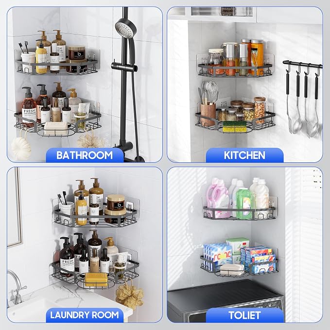 Corner Shower Caddy, Rustproof Shower Organizer with Soap Holder and 8 Hooks, No Drilling Adhesive Shower Shelves for Inside Shower, Large Capacity Shower Rack for Bathroom Shower Storage, Grey - Image 8