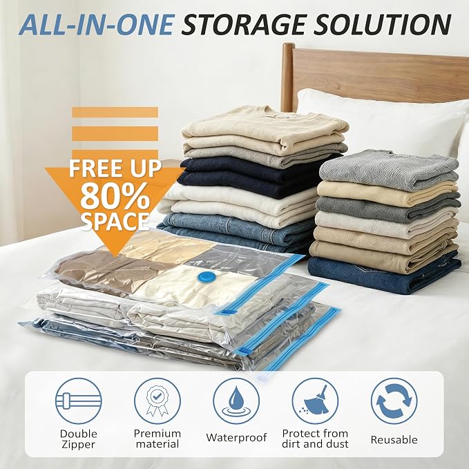 Cozy Essential Vacuum Storage Bags, 80% Compression Vacuum Seal Space Saver Plastic Packaging Bags for Clothes, Blankets, Pillow, Bedding, Comforters, Sealer Clothing Storage,12 Small - Image 2