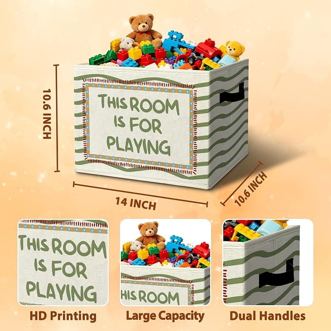 Playroom Encouraging Funny Storage Bins Box with Handles Organizer Basket | playful uplifting foldable basket for organizing, olive green collapsible toys clothes for nursery toddler bedroom, 10x14 in - Image 3