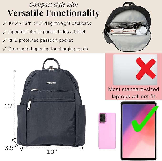 Baggallini Securtex® Anti-theft Vacation Travel Backpack 10x13 Slash-Resistant Nylon Daypack w/RFID, French Navy - Image 4