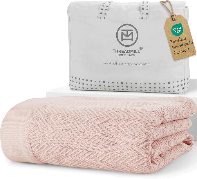 Threadmill Luxury Cotton Blankets for Queen Size Bed | All-Season 100% Cotton Queen Size Blanket | Herringbone Cozy, Soft Breathable Fall Thermal Blanket fits Full Size Bed | English Rose | 100% Cotton, Herringbone Pattern, 90x92 in, Breathable, All-Se... by ThreadmillHomeLinen