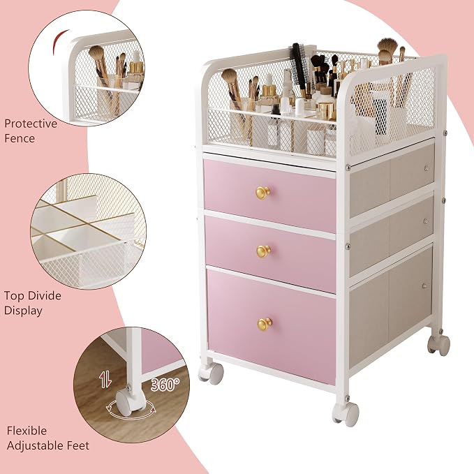 Rolling Makeup Vanity Cart Makeup Organizer with Drawers for Girls | Vanity Cart Bathroom Storage Cart Cosmetic Vanity Display Cases Holder for Nail Polish Brush Hair Tool - Image 6