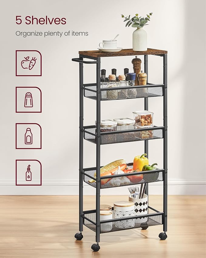 VASAGLE Slim Rolling Cart, 5-Tier, 8.7 Inches Deep, Steel Frame | Storage Cart with Handle, Narrow for Kitchen, Living Room, Rustic Brown and Matte Black, DACEY Collection ULRC035B01 - Image 4