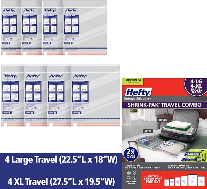 Hefty Shrink-Pak Travel Storage Bags – For Clothes, Pillows, Towels, Blankets & More – Space Saver Suction Sealer Bags for Luggage or Moving – 4 Large, 22.5x18 Inches, 4 XL, 27.5x 19.5 Inches - Image 7
